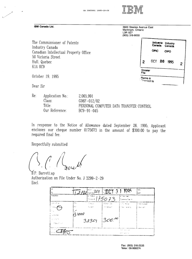 Document de brevet canadien 2065991. Correspondance reliée aux formalités 19951026. Image 1 de 1