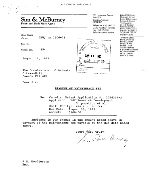 Canadian Patent Document 2066204. Fees 19920811. Image 1 of 1