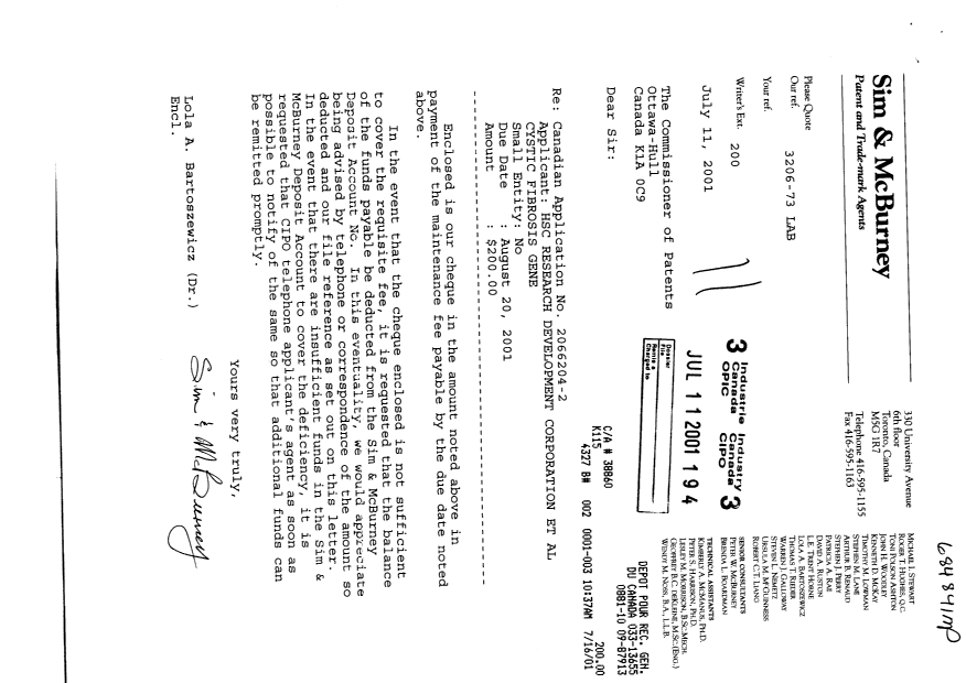 Document de brevet canadien 2066204. Taxes 20010711. Image 1 de 1