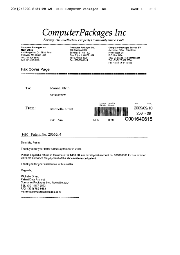 Document de brevet canadien 2066204. Correspondance 20090910. Image 1 de 2