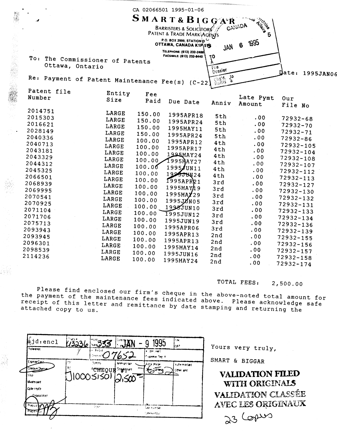 Canadian Patent Document 2066501. Fees 19950106. Image 1 of 1