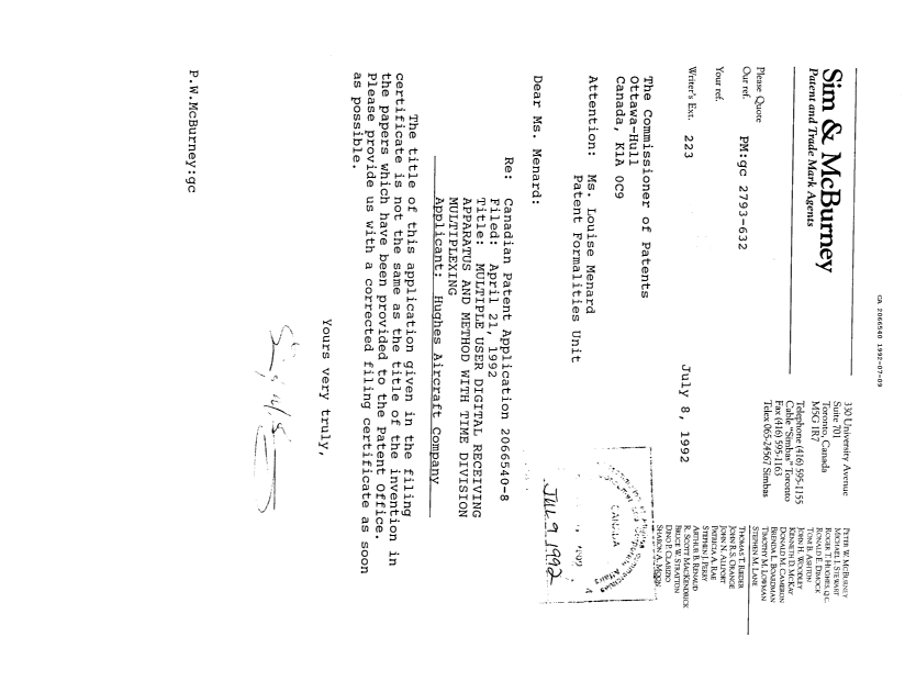 Canadian Patent Document 2066540. Correspondence 19911209. Image 1 of 1
