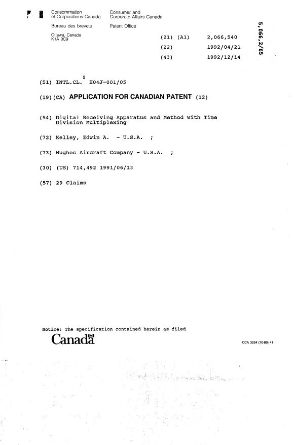 Canadian Patent Document 2066540. Cover Page 19931205. Image 1 of 1
