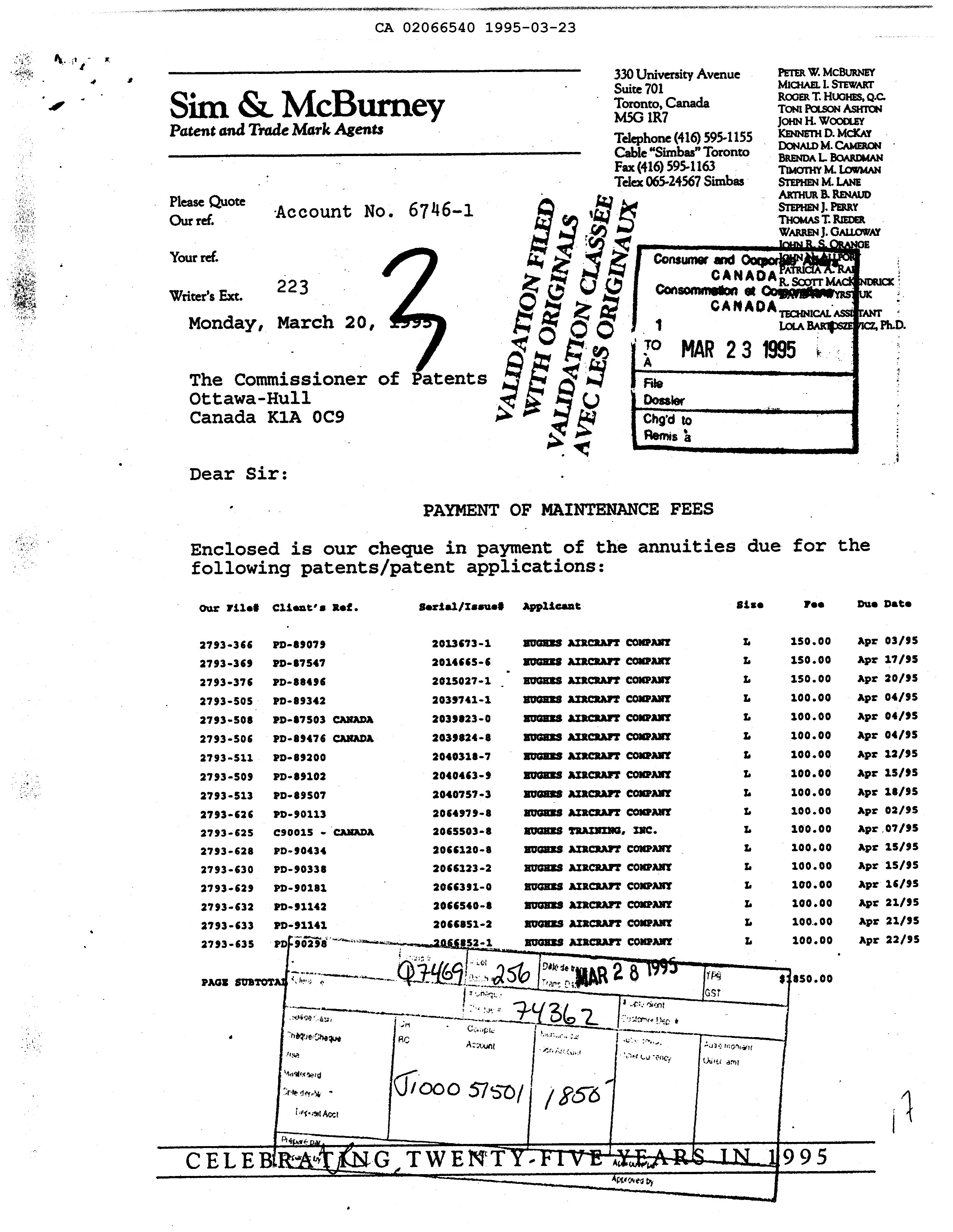 Document de brevet canadien 2066540. Taxes 19941223. Image 1 de 1