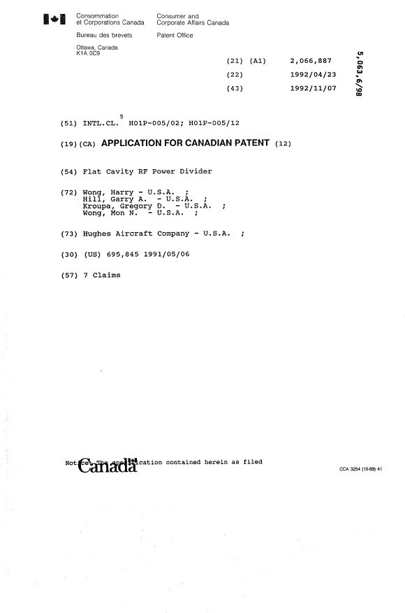 Canadian Patent Document 2066887. Cover Page 19940327. Image 1 of 1