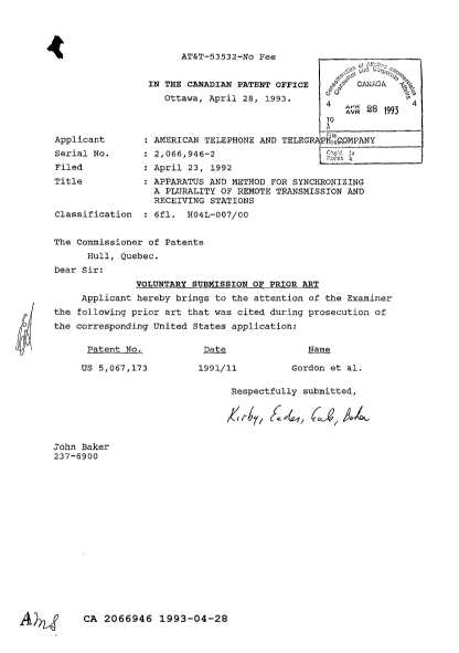 Canadian Patent Document 2066946. Prosecution Correspondence 19930428. Image 1 of 1