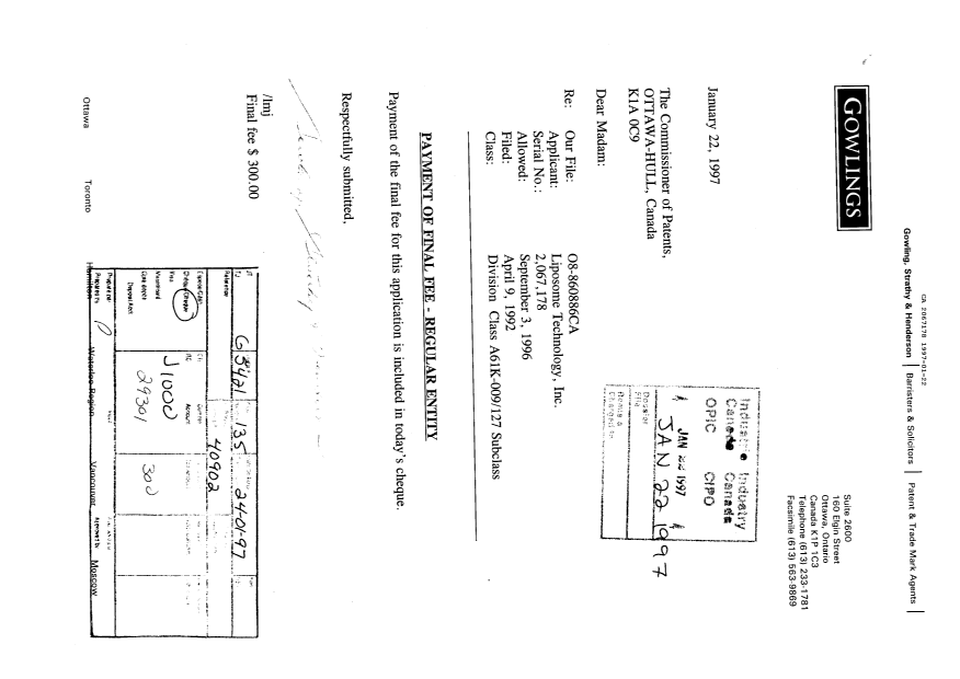 Canadian Patent Document 2067178. Correspondence Related to Formalities 19970122. Image 1 of 1