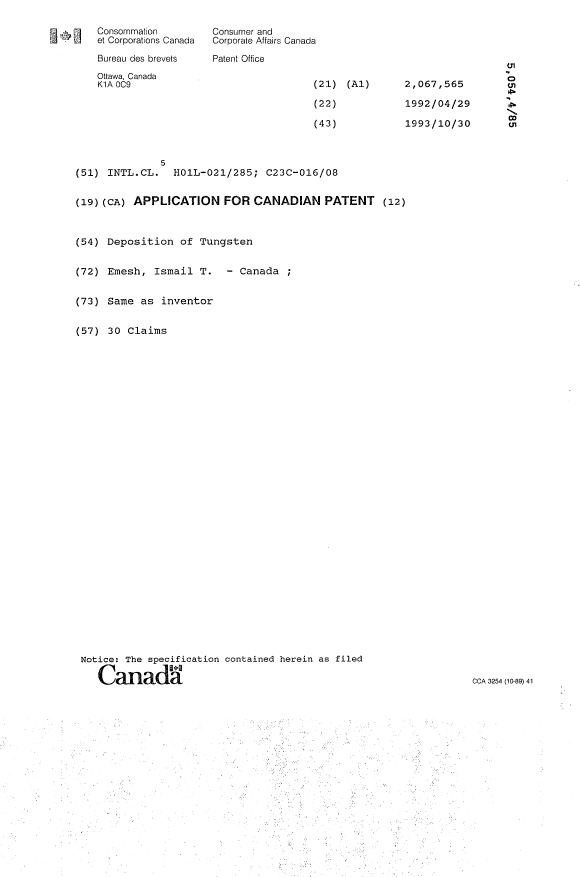 Canadian Patent Document 2067565. Cover Page 19940226. Image 1 of 1
