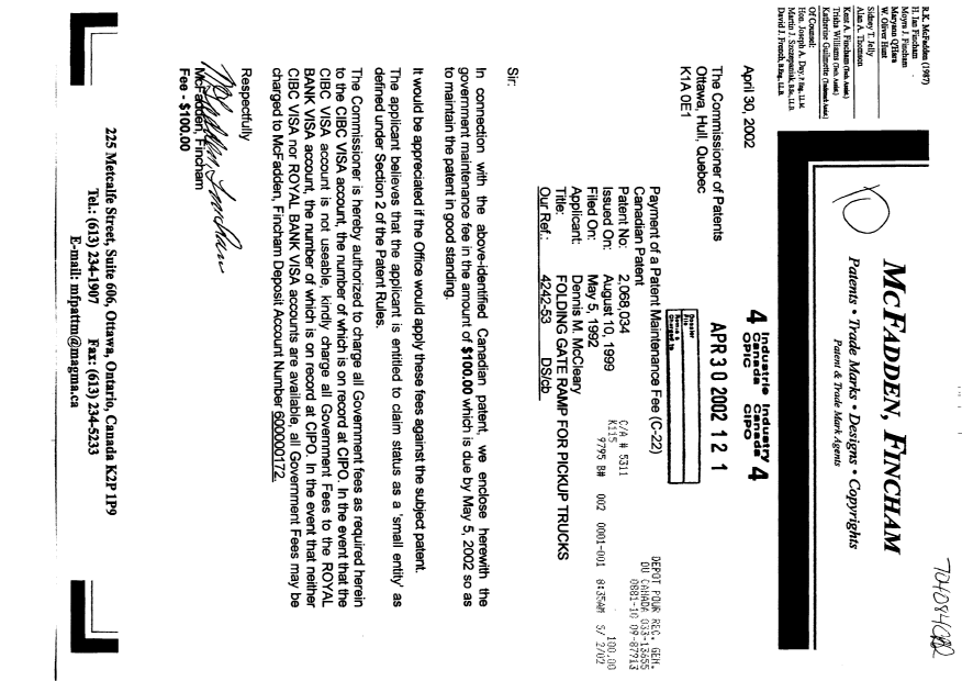 Canadian Patent Document 2068034. Fees 20020430. Image 1 of 1