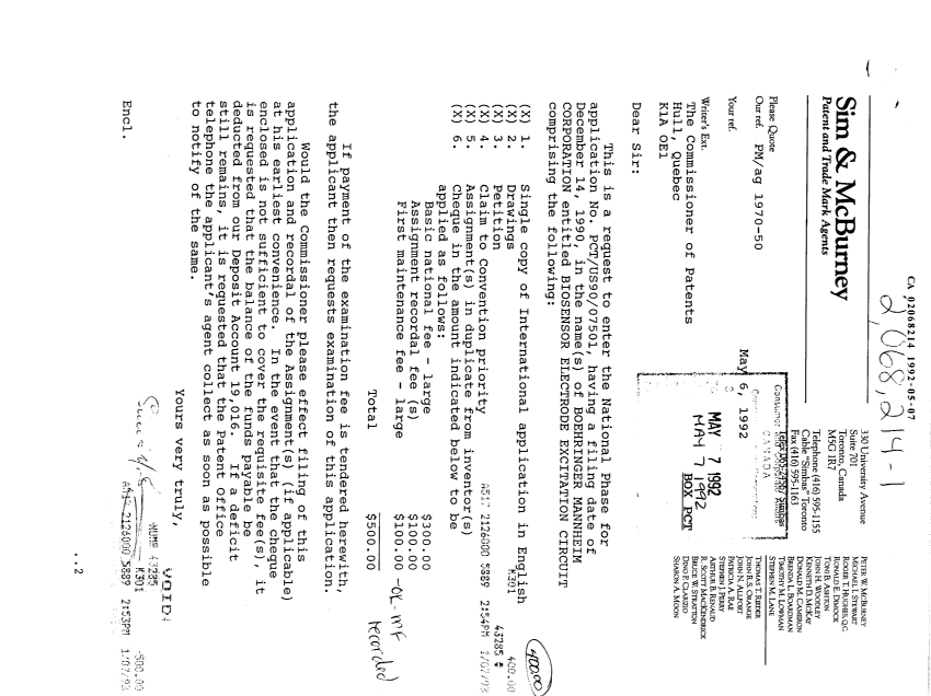 Canadian Patent Document 2068214. Assignment 19920507. Image 1 of 11
