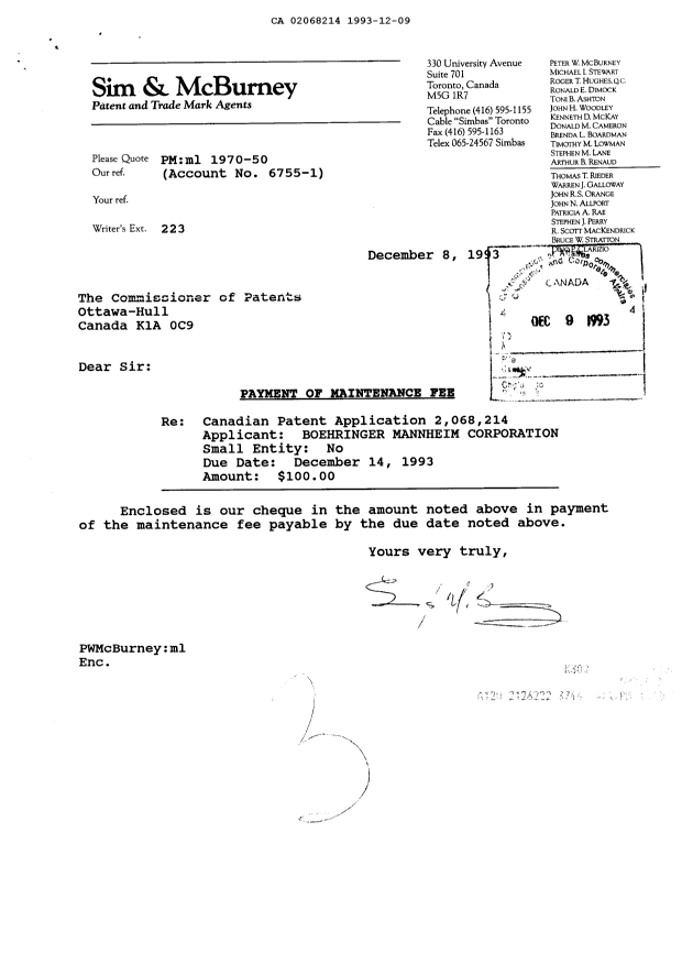 Document de brevet canadien 2068214. Taxes 19931209. Image 1 de 1