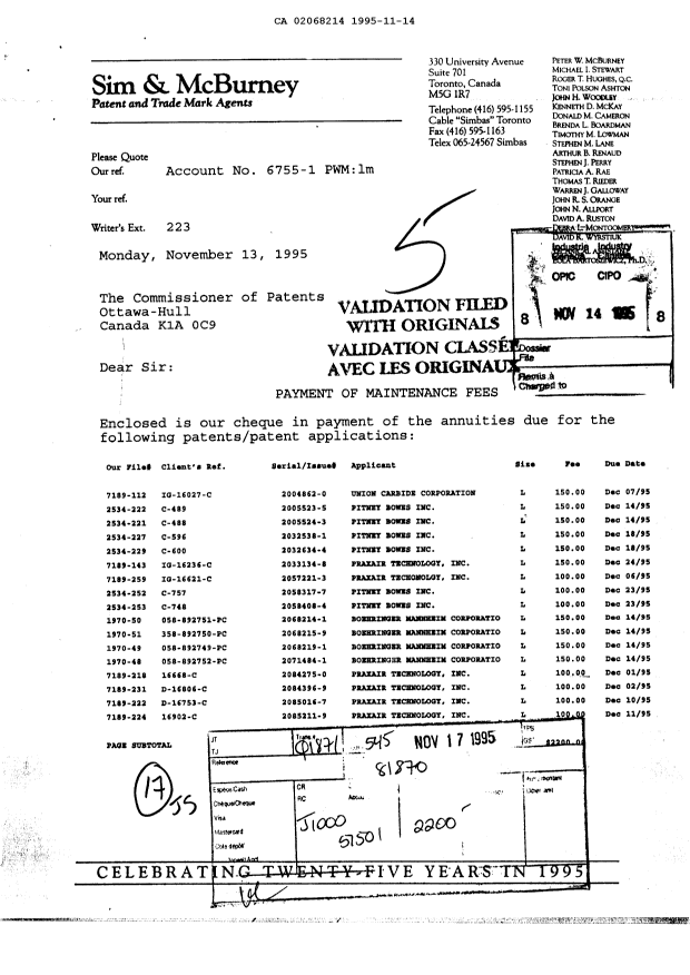 Canadian Patent Document 2068214. Fees 19951114. Image 1 of 1