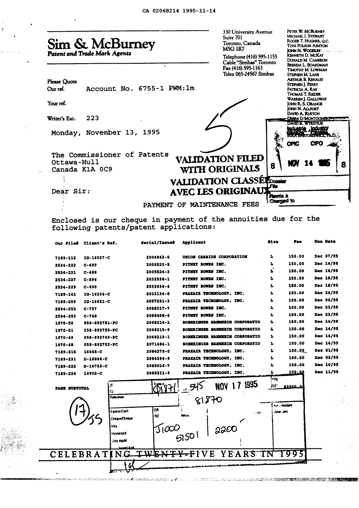 Canadian Patent Document 2068214. Fees 19951114. Image 1 of 1