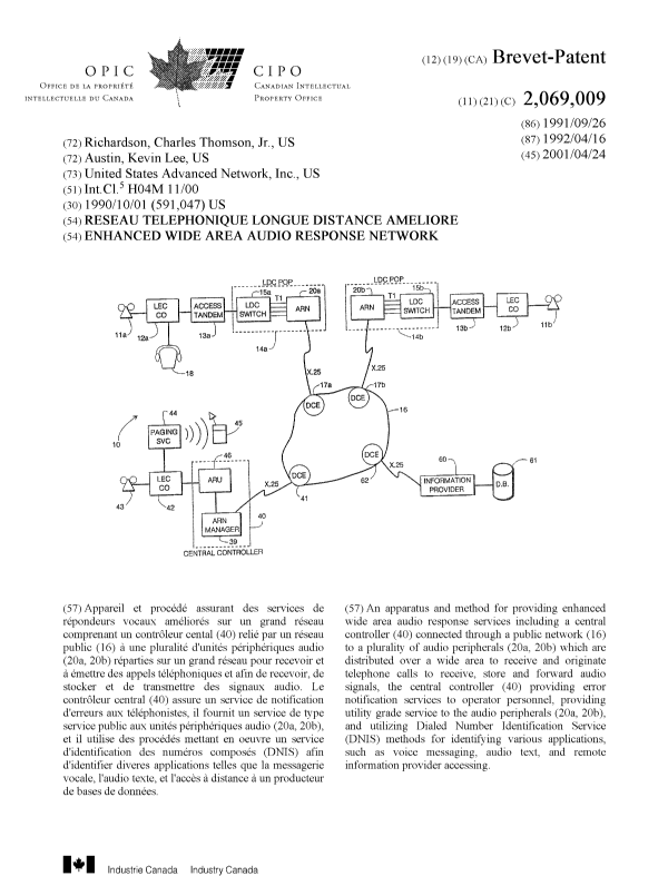 Canadian Patent Document 2069009. Cover Page 20010410. Image 1 of 1