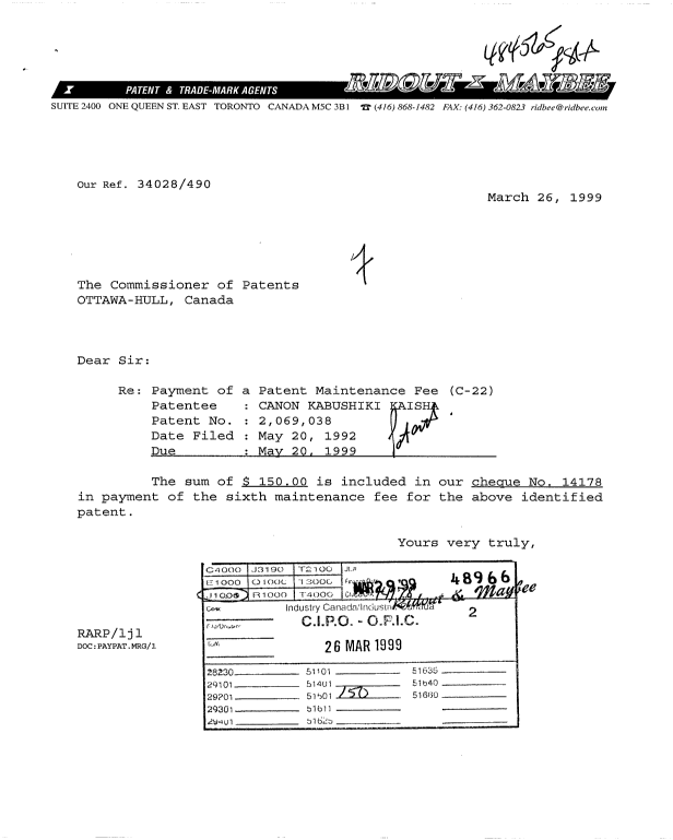 Document de brevet canadien 2069038. Taxes 19990326. Image 1 de 1