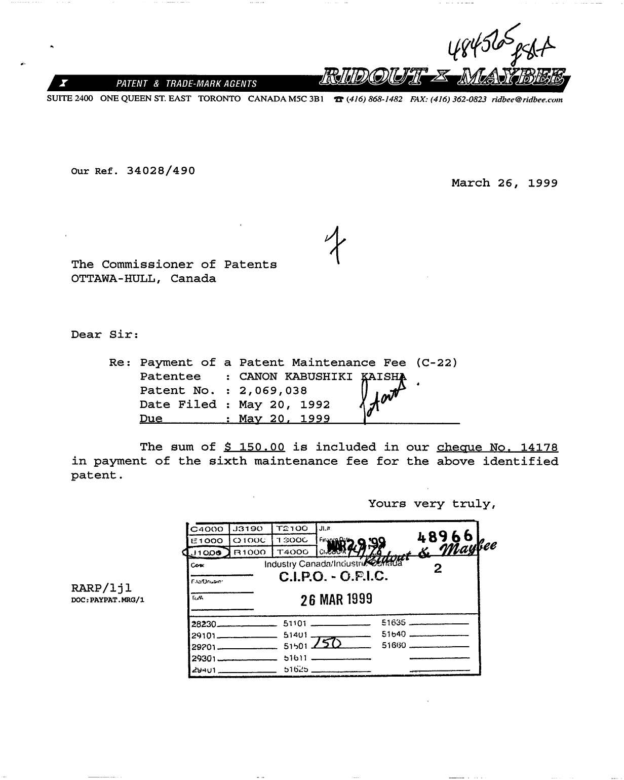 Canadian Patent Document 2069038. Fees 19990326. Image 1 of 1