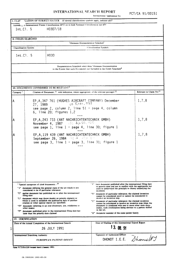 Canadian Patent Document 2069104. International Preliminary Examination Report 19920520. Image 1 of 17