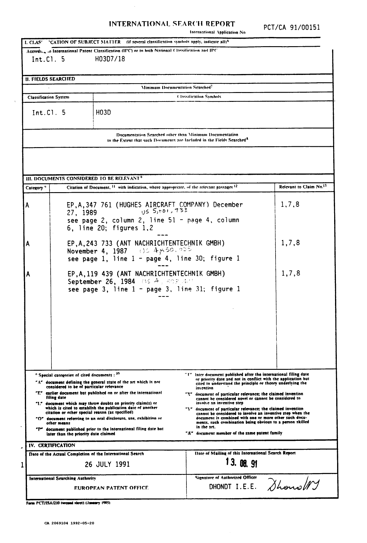 Canadian Patent Document 2069104. International Preliminary Examination Report 19920520. Image 1 of 17