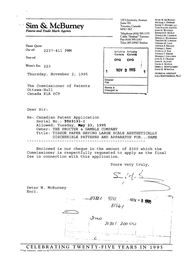 Document de brevet canadien 2069193. Correspondance reliée aux formalités 19951102. Image 1 de 1