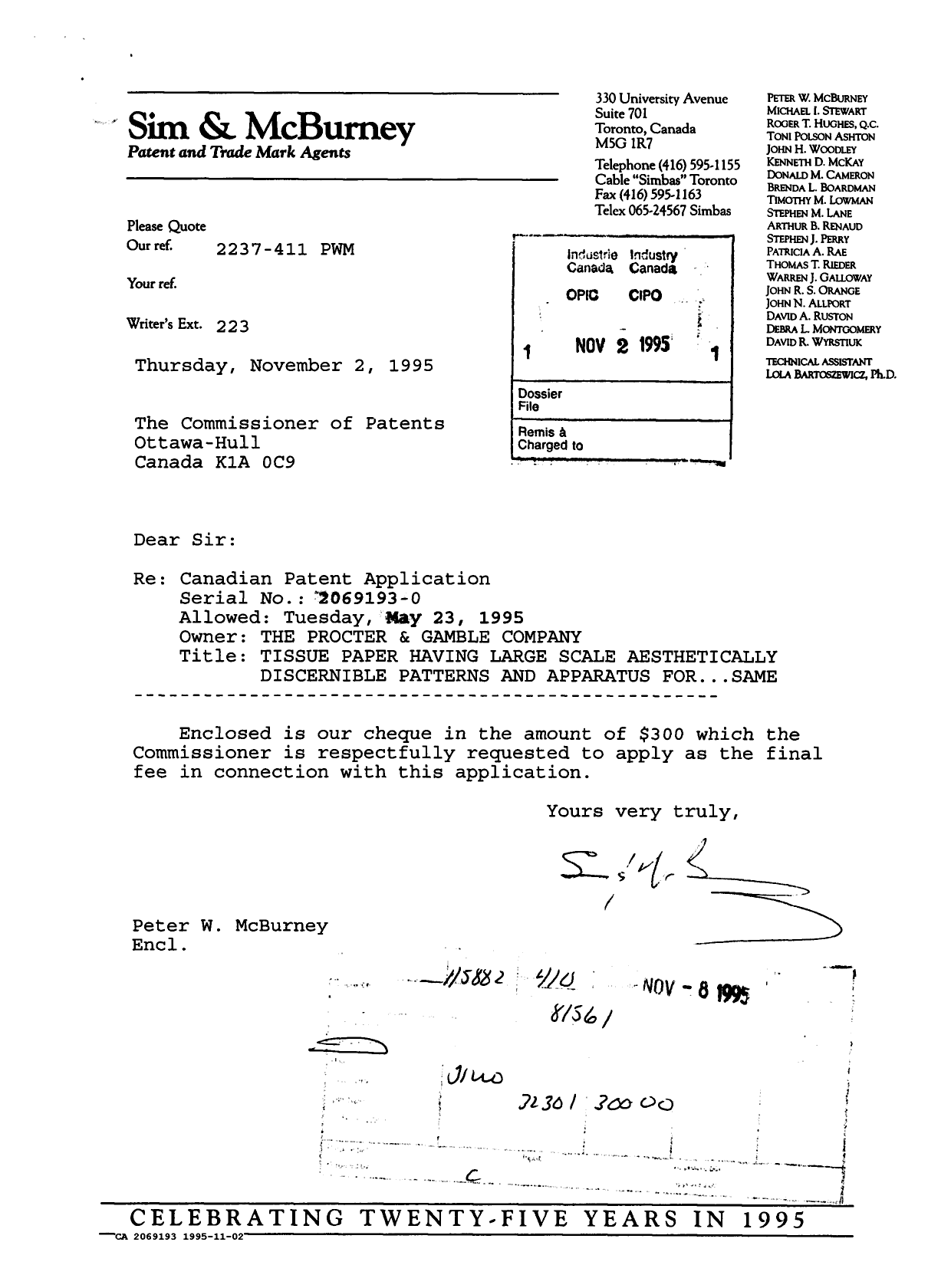 Canadian Patent Document 2069193. Correspondence Related to Formalities 19951102. Image 1 of 1