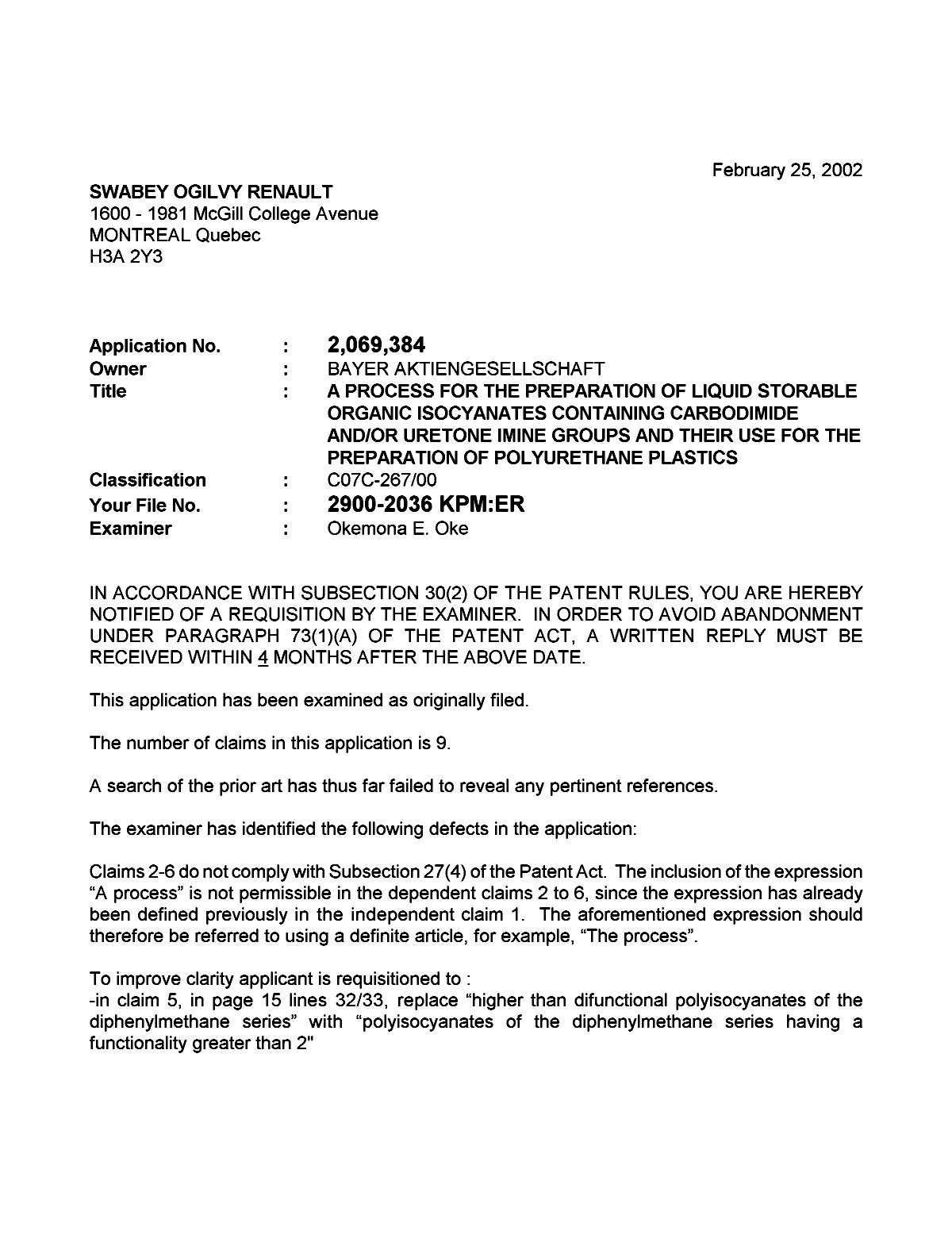 Canadian Patent Document 2069384. Prosecution-Amendment 20020225. Image 1 of 2