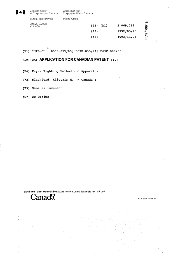Canadian Patent Document 2069399. Cover Page 19931213. Image 1 of 1