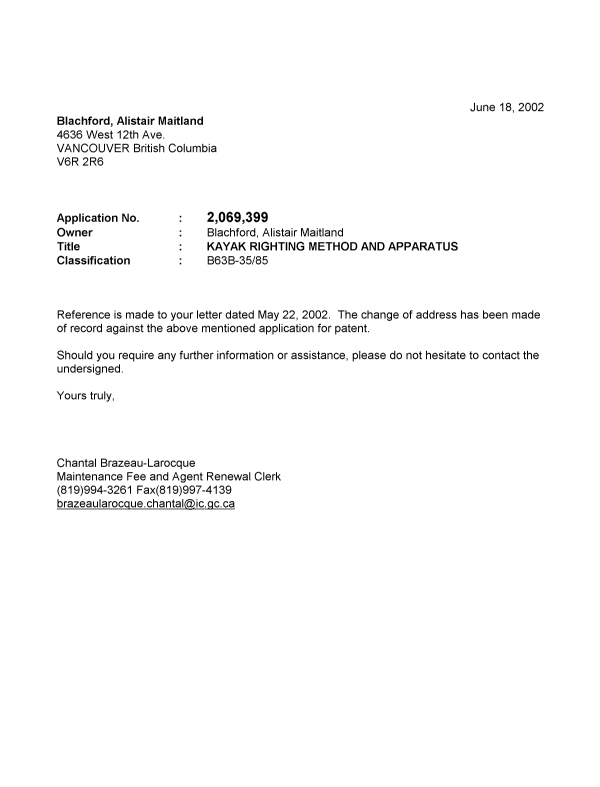 Canadian Patent Document 2069399. Correspondence 20011218. Image 1 of 1