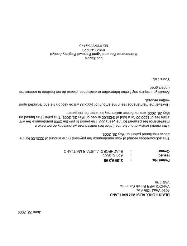 Canadian Patent Document 2069399. Correspondence 20081223. Image 1 of 1
