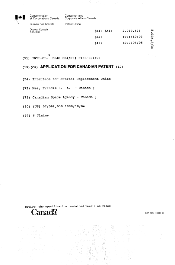 Canadian Patent Document 2069425. Cover Page 19931205. Image 1 of 1