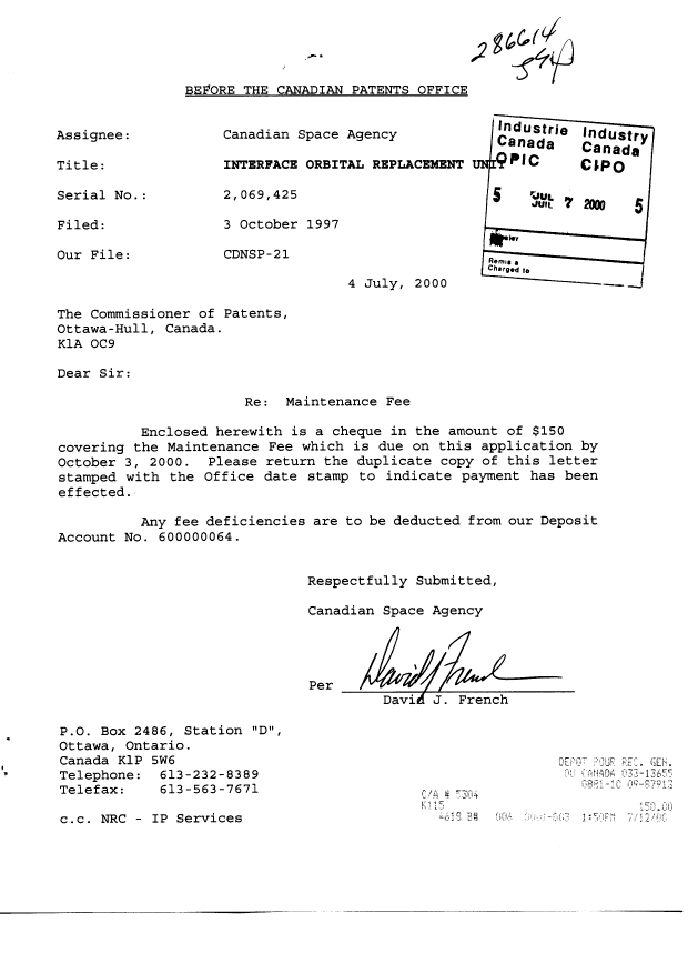 Document de brevet canadien 2069425. Taxes 20000707. Image 1 de 1