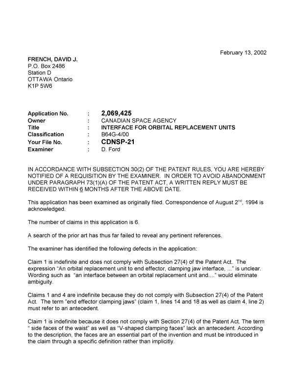 Document de brevet canadien 2069425. Poursuite-Amendment 20011213. Image 1 de 2