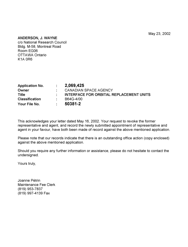 Document de brevet canadien 2069425. Correspondance 20011223. Image 1 de 1