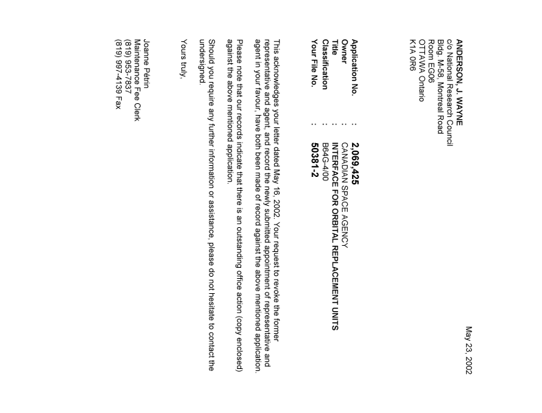 Document de brevet canadien 2069425. Correspondance 20020523. Image 1 de 1