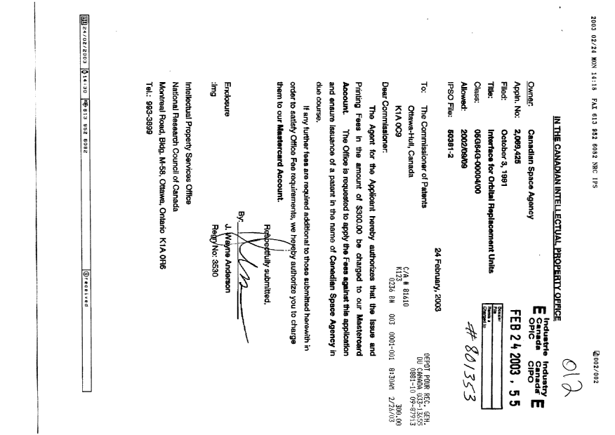 Document de brevet canadien 2069425. Correspondance 20030224. Image 1 de 1