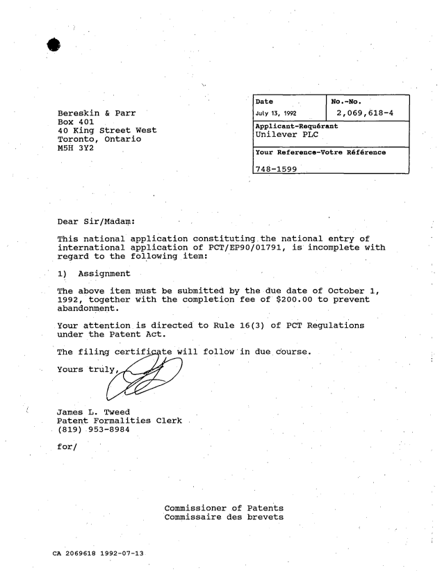 Document de brevet canadien 2069618. Lettre du bureau 19920713. Image 1 de 1