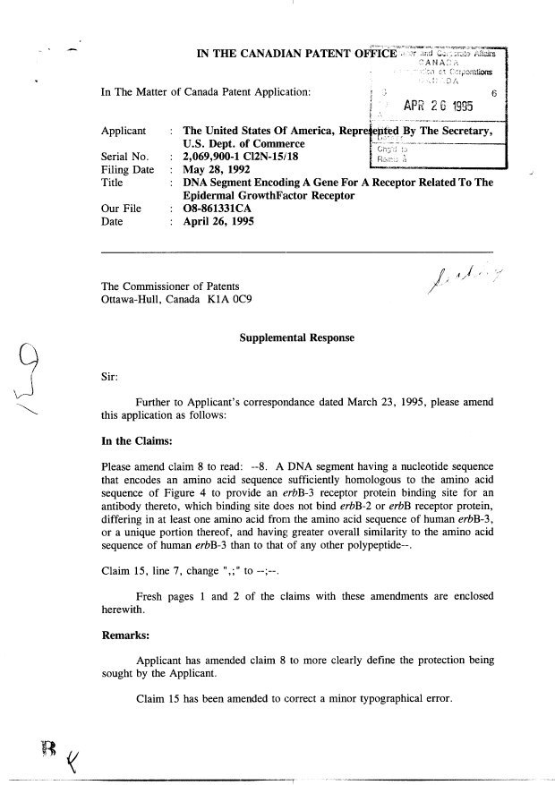 Canadian Patent Document 2069900. Prosecution-Amendment 19950426. Image 1 of 6
