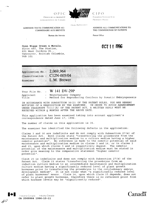 Canadian Patent Document 2069964. Examiner Requisition 19961011. Image 1 of 2