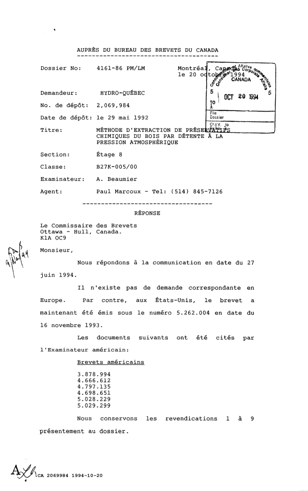 Document de brevet canadien 2069984. Correspondance de la poursuite 19941020. Image 1 de 2