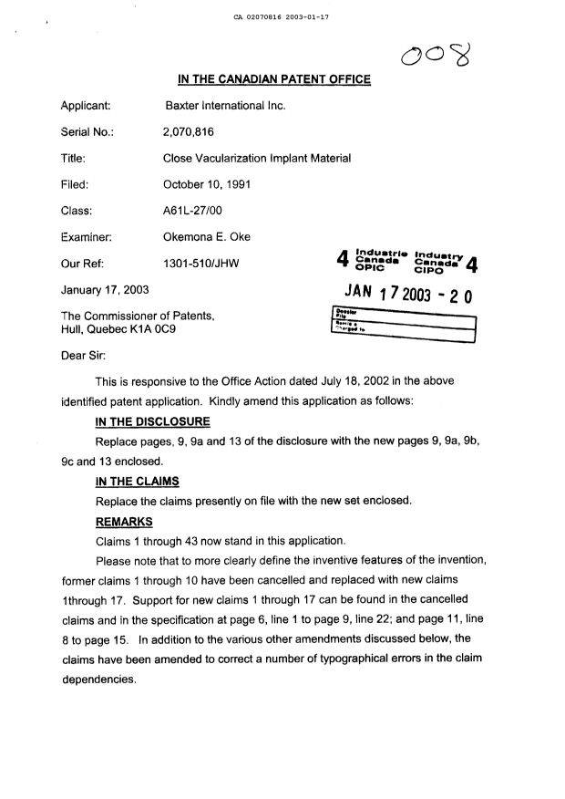 Canadian Patent Document 2070816. Prosecution-Amendment 20030117. Image 1 of 17