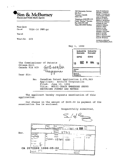 Canadian Patent Document 2070969. Prosecution Correspondence 19960502. Image 1 of 1