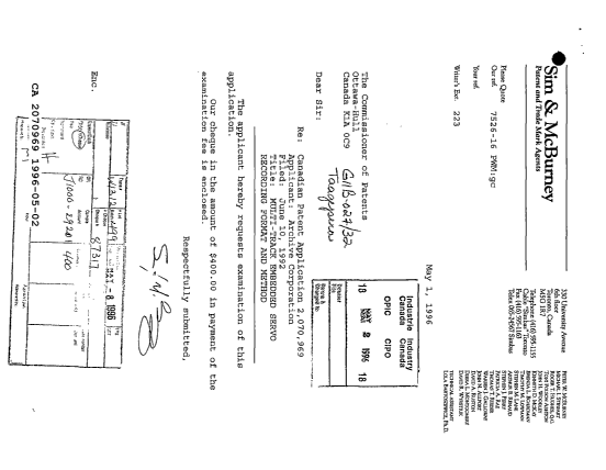 Canadian Patent Document 2070969. Prosecution Correspondence 19960502. Image 1 of 1