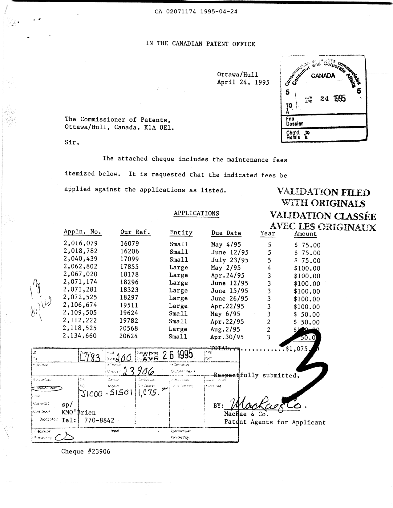Document de brevet canadien 2071174. Taxes 19950424. Image 1 de 1