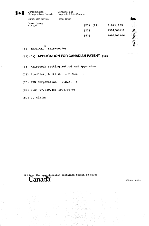 Canadian Patent Document 2071183. Cover Page 19940305. Image 1 of 1