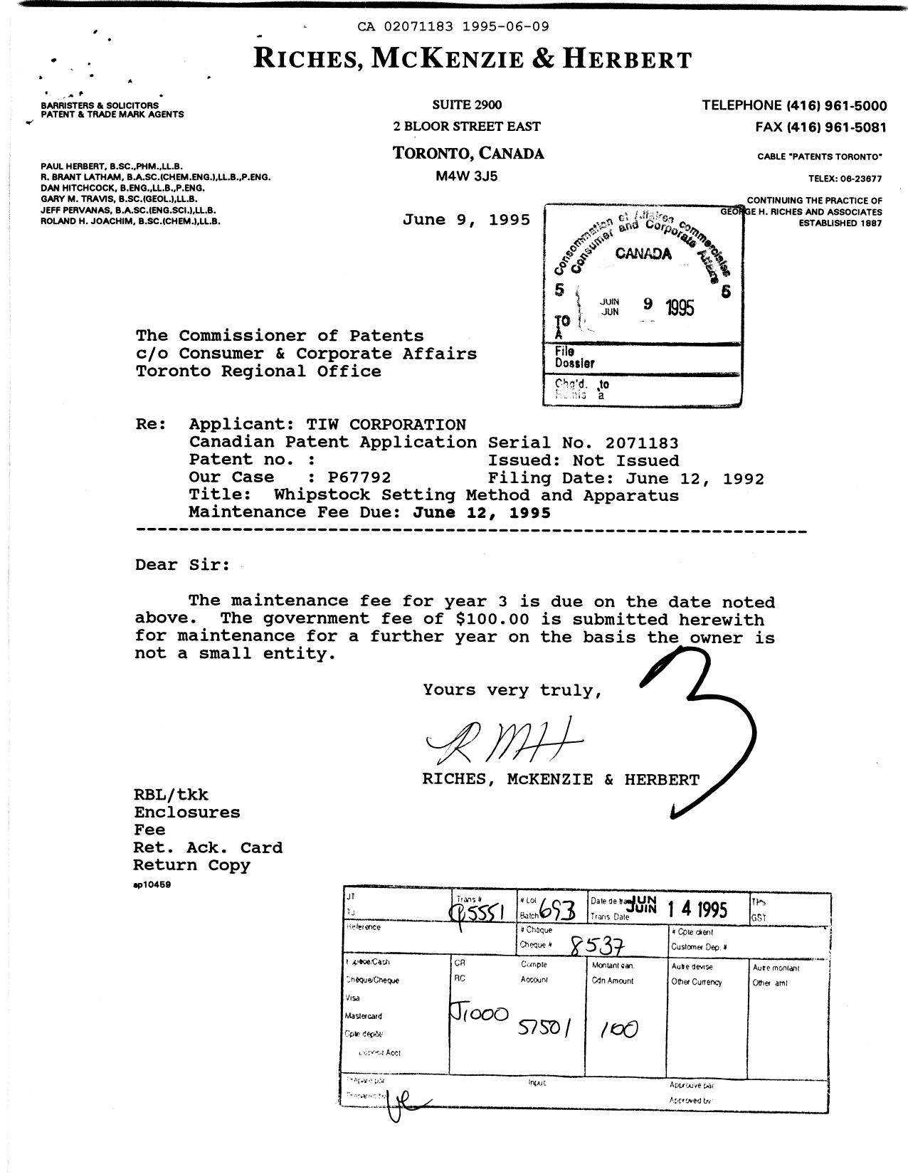Canadian Patent Document 2071183. Fees 19950609. Image 1 of 1