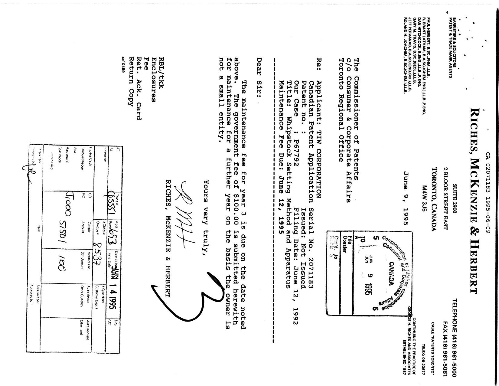 Canadian Patent Document 2071183. Fees 19950609. Image 1 of 1
