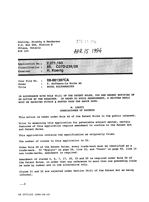 Document de brevet canadien 2071193. Demande d'examen 19940415. Image 1 de 2