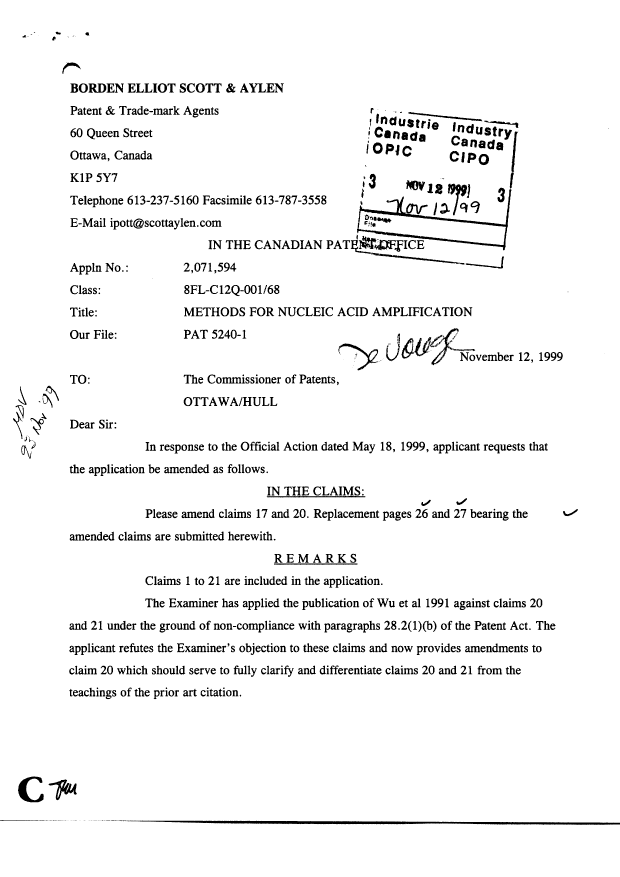 Canadian Patent Document 2071594. Prosecution-Amendment 19981212. Image 1 of 5