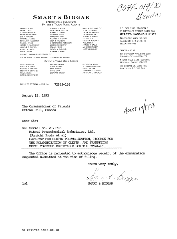 Canadian Patent Document 2071706. Prosecution Correspondence 19930818. Image 1 of 1