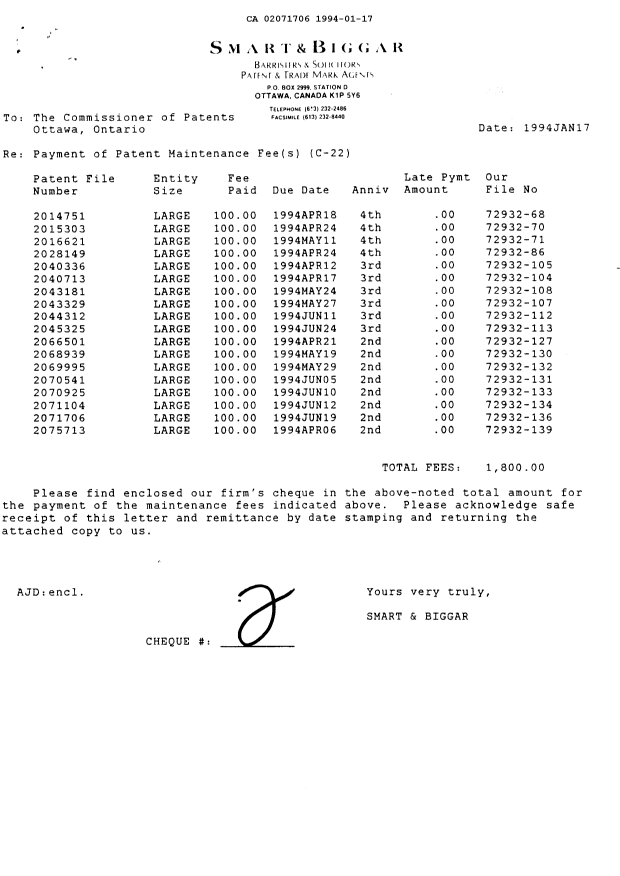Document de brevet canadien 2071706. Taxes 19940117. Image 1 de 1