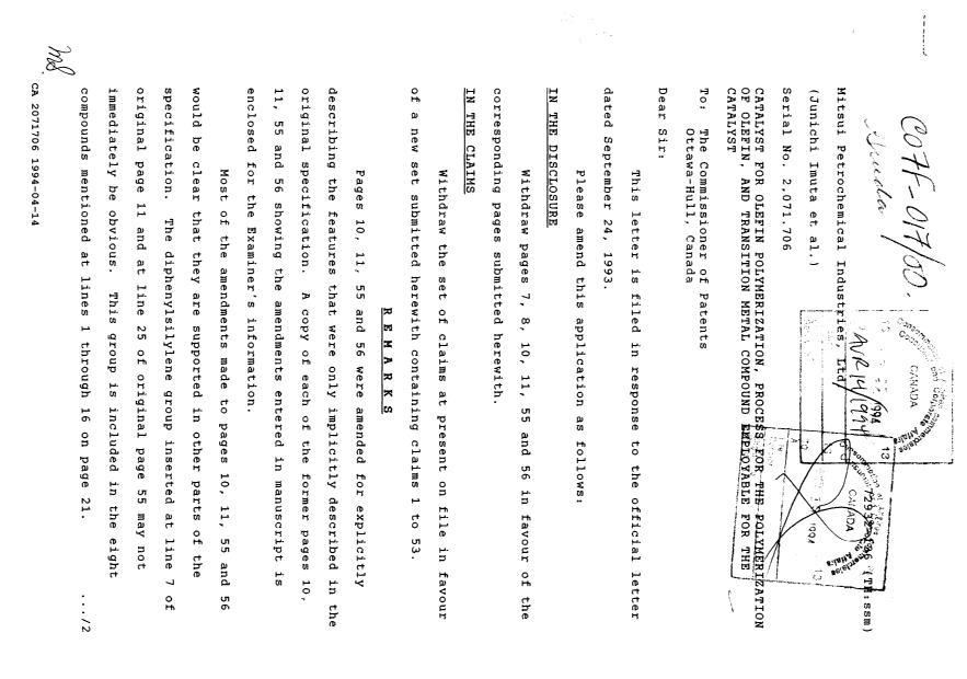 Canadian Patent Document 2071706. Prosecution Correspondence 19940414. Image 1 of 10